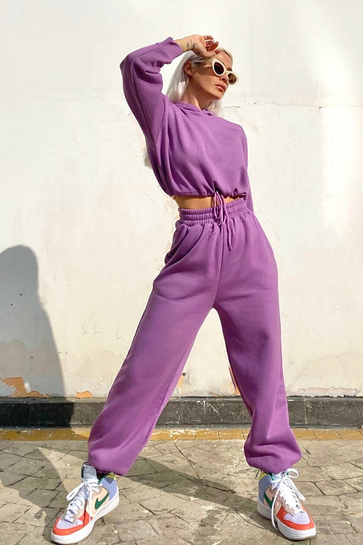 Mor Kapııonlu ııi Pamuklu 3 ıplik Eşofman Takımı